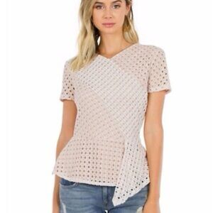 BCBGMaxazria Kayleigh Peplum Blouse Lace Eyelet Sleeveless Bare Pink Medium